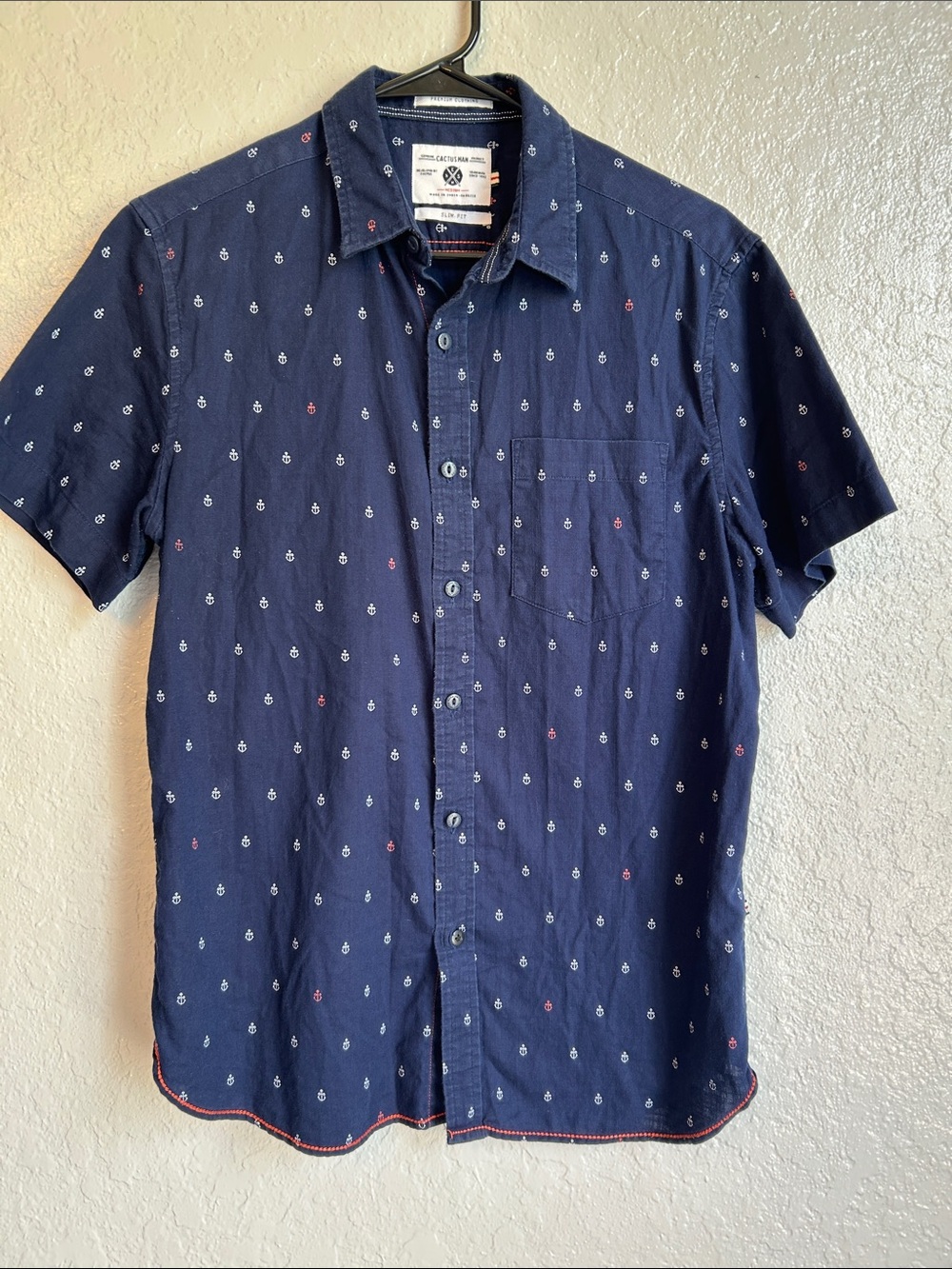 Cactus Man Navy Short-Sleeve Button-Down Shirt with Anchors slim fit Medium